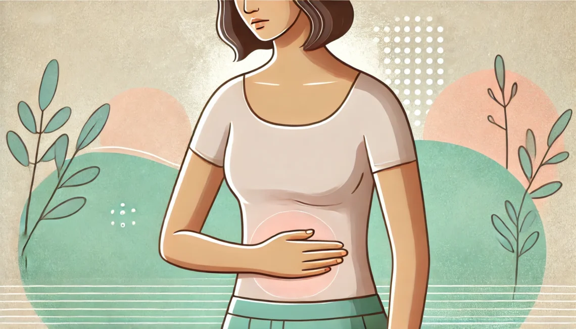 Empathetic image of a woman with a fuller figure, holding her abdomen with a calm expression, symbolizing relief from PCOS-related inflammation. Soft pastel background evoking a sense of healing.