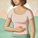 Empathetic image of a woman with a fuller figure, holding her abdomen with a calm expression, symbolizing relief from PCOS-related inflammation. Soft pastel background evoking a sense of healing.