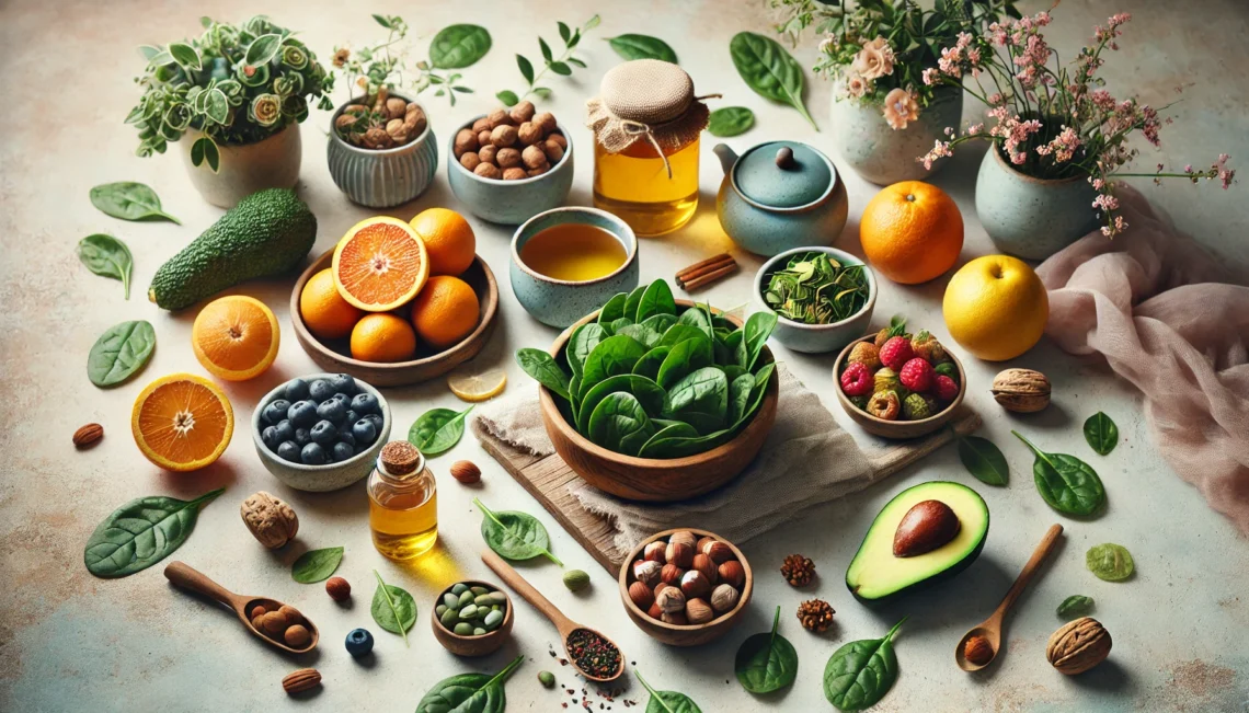 A natural flat lay featuring fresh fruits and vegetables like oranges, spinach, avocados, and berries, with herbal tea, mixed nuts, and flowers on a neutral background, highlighting plant-based remedies for PCOS symptoms.