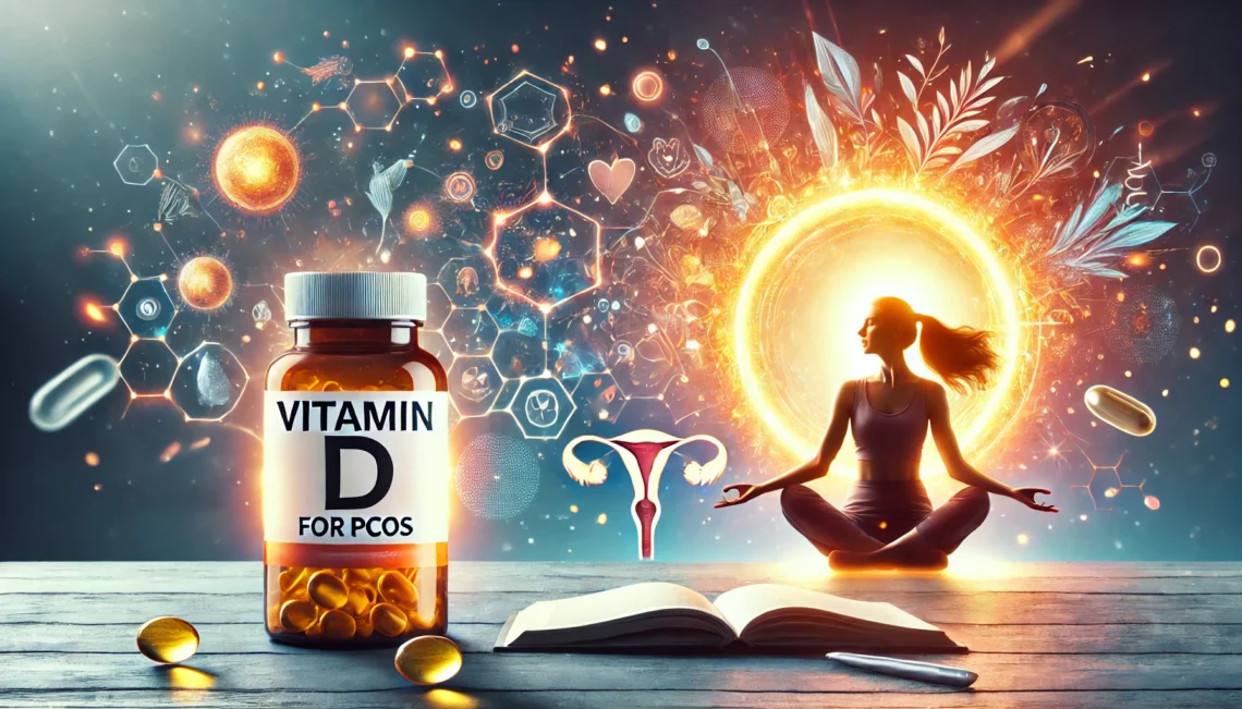 Vitamin D for PCOS supplement bottle with wellness symbols, sunlit background, yoga pose, and medical icons.