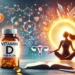 Vitamin D for PCOS supplement bottle with wellness symbols, sunlit background, yoga pose, and medical icons.