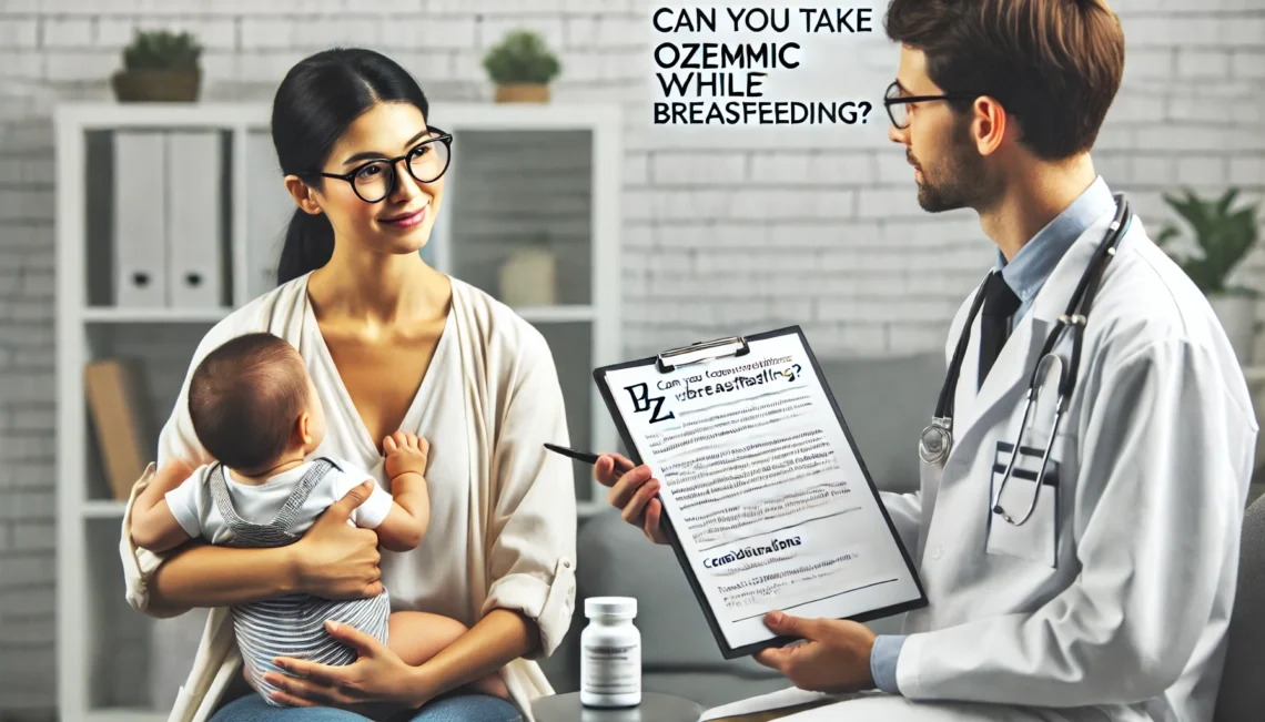 Mother breastfeeding her baby while discussing health options with a doctor in a calm healthcare setting. The doctor is holding a prescription pad, explaining Ozempic usage during breastfeeding.