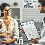 Mother breastfeeding her baby while discussing health options with a doctor in a calm healthcare setting. The doctor is holding a prescription pad, explaining Ozempic usage during breastfeeding.