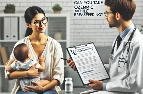 Mother breastfeeding her baby while discussing health options with a doctor in a calm healthcare setting. The doctor is holding a prescription pad, explaining Ozempic usage during breastfeeding.