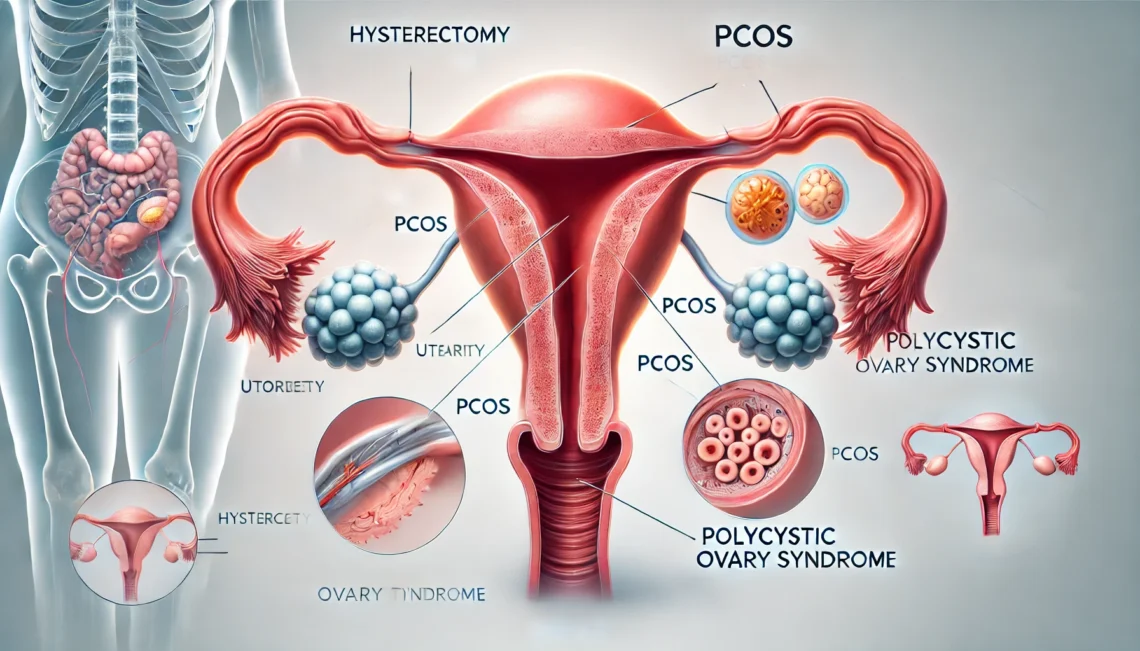 An informative medical illustration showing a human female reproductive …