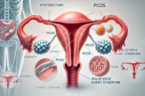 An informative medical illustration showing a human female reproductive …