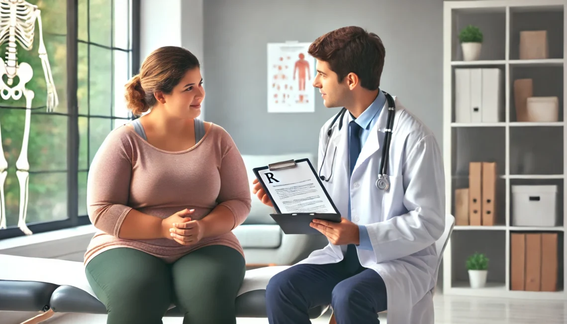 Overweight woman in a doctor's office, listening attentively as a compassionate healthcare professional explains a weight loss prescription plan. The setting is clean and professional, conveying support and wellness.