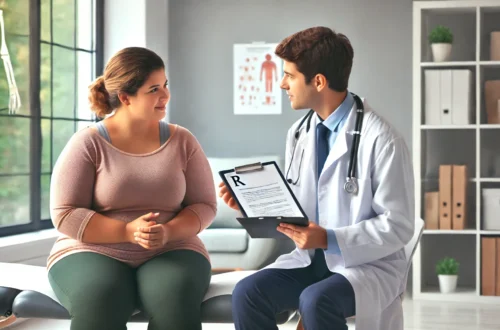 Overweight woman in a doctor's office, listening attentively as a compassionate healthcare professional explains a weight loss prescription plan. The setting is clean and professional, conveying support and wellness.