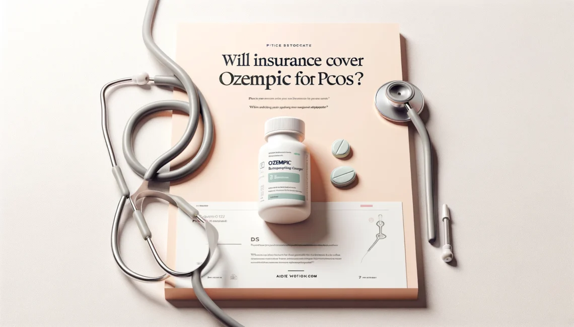 A minimalist, Pinterest-style graphic featuring a bottle of Ozempic and a stethoscope with the "Will Insurance Cover Ozempic for PCOS"